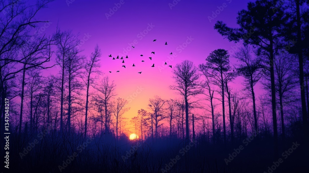 forest in dawn with a sky that is going from purple to blue forest in dawn with a sky that is going from purple to blue