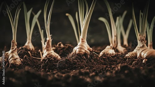Fresh onion bulbs sprouting in rich soil under low light in a garden setting