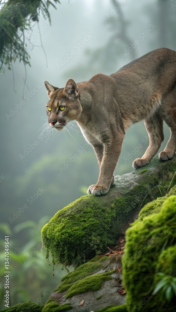 Fototapeta premium Mountain lion stalking prey in lush forest wildlife photography misty environment close-up perspective nature's majesty