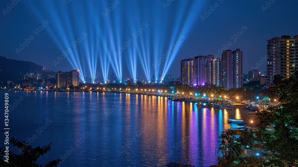 Obraz premium City lights reflected on water, illuminated by beams