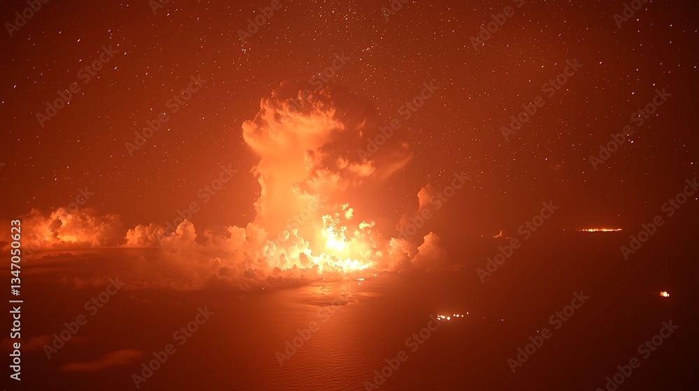 Fiery Eruption at Night with Dramatic Cloud Formation and Stars Fiery Eruption at Night with Dramatic Cloud Formation and Stars