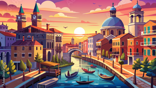 Venice city and canal with sunrise view panorama