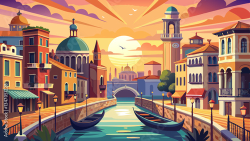 Venice city and canal with sunrise view panorama
