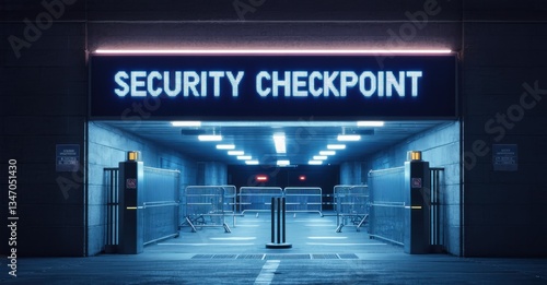 Neon security checkpoint sign glowing above heavily guarded entrance deep navy and bright silver symbolizing restricted movement