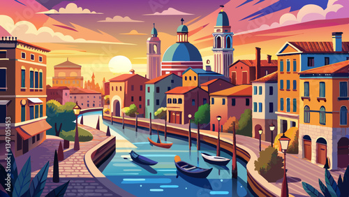 Venice city and canal with sunrise view panorama