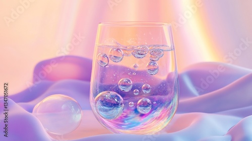 Pastel Glass of Water with Bubbles on Fabric