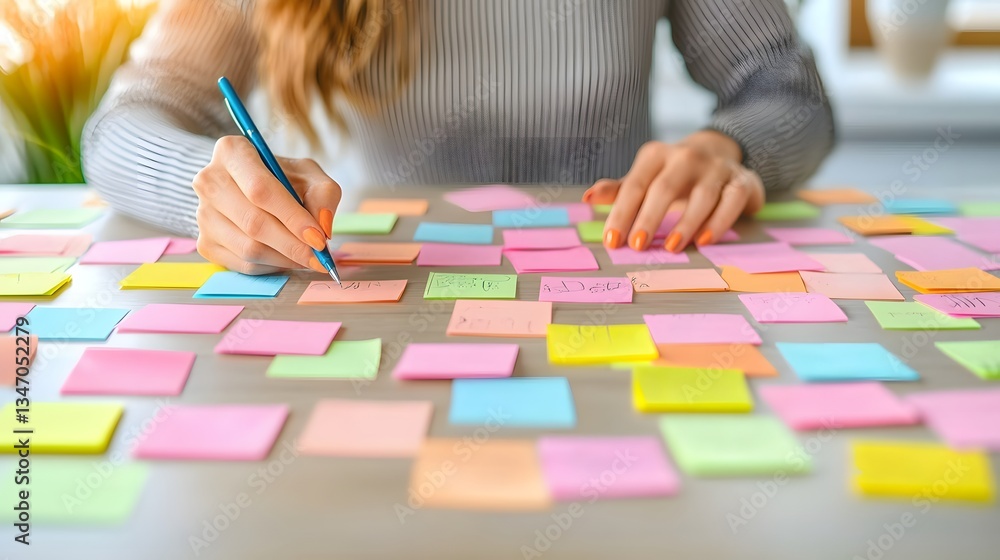 Fototapeta premium Hands Writing on Colorful Sticky Notes for Planning and Brainstorming in Modern Workspace