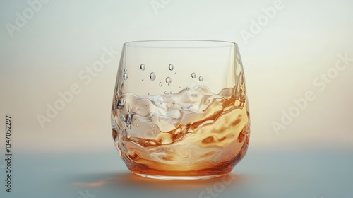 Amber glass tumbler, liquid splash, soft light background, studio shot