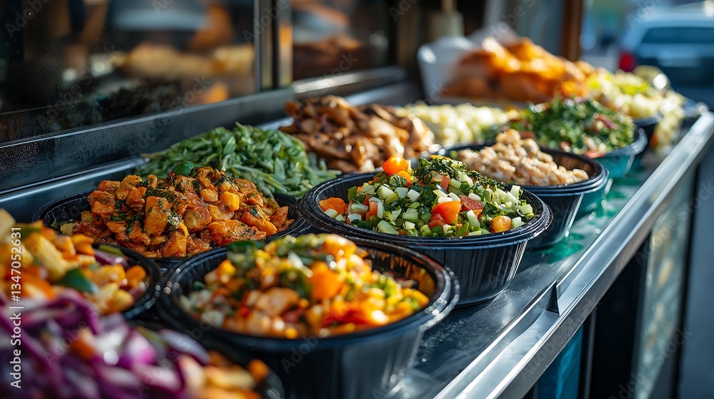 Obraz premium Delicious Street Food Colorful Salads Meats