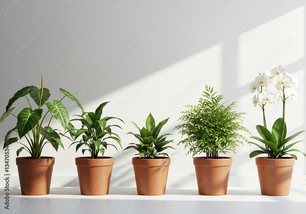 Fototapeta premium 穏やかな光差し込む、緑豊かな鉢植え５種 美しい配置