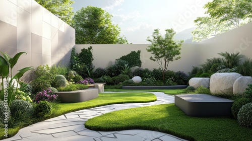 Modern landscaped courtyard with seating and pathway