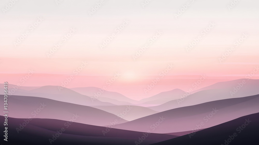 Fototapeta premium Pink Mountain Sunrise Landscape with Misty Valley Vista.