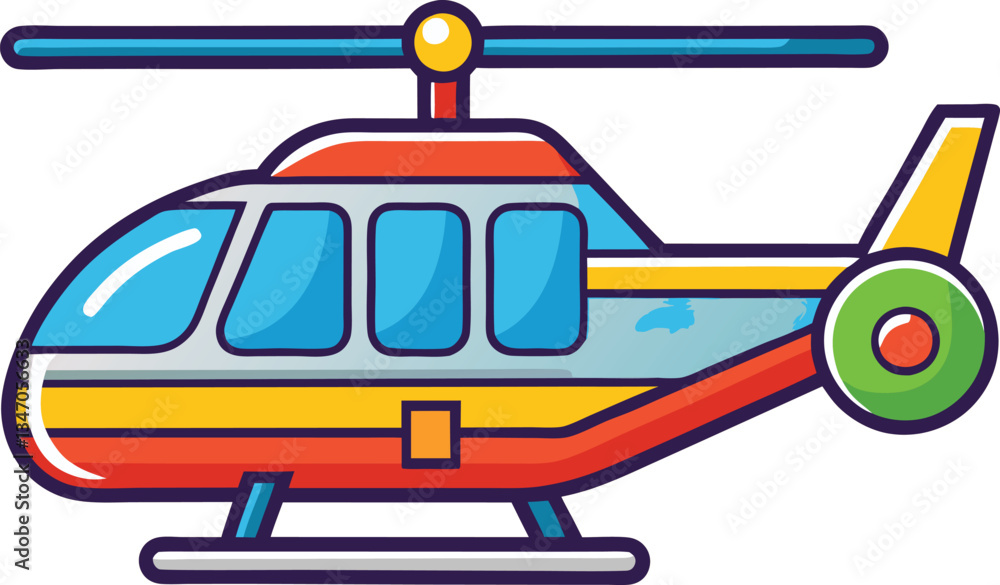 Illustration of Colorful Helicopter with Green Tail, An illustrated colorful helicopter with red, yellow, and blue design, featuring a green tail and large windows.
Illustration of Colorful Helicopter with Green Tail, An illustrated colorful helicopter with red, yellow, and blue design, featuring a green tail and large windows.