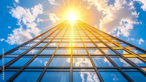 Wallpaper Mural Skyscraper Reaching Toward Bright Sunlight Against Blue Sky and Fluffy White Clouds Torontodigital.ca