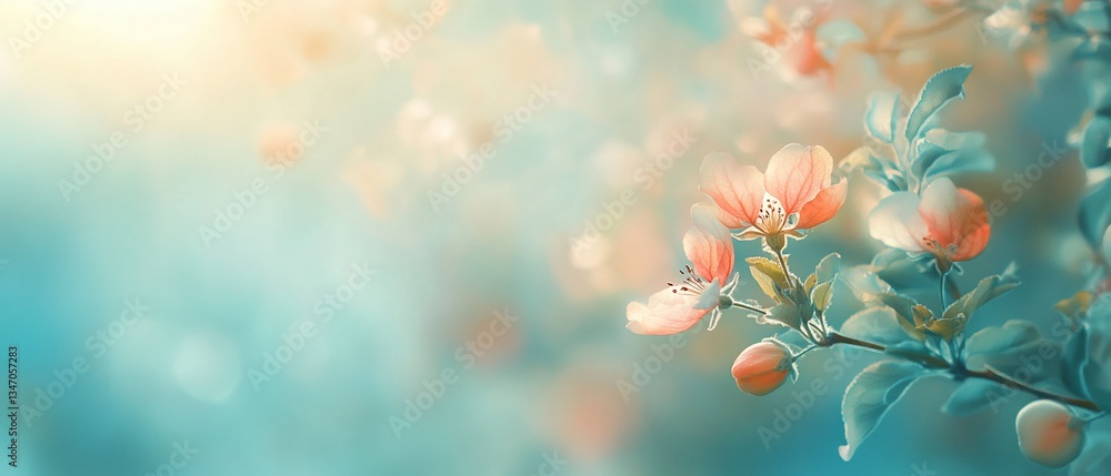 Fototapeta premium Peach blossom blooming in the spring with blurred aqua background