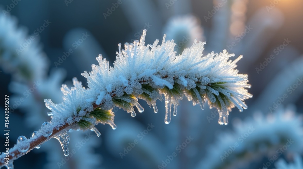 Frost-covered branch with delicate ice formations, captured in soft natural light. Perfect for winter, nature, and seasonal themes. Frost-covered branch with delicate ice formations, captured in soft natural light. Perfect for winter, nature, and seasonal themes.