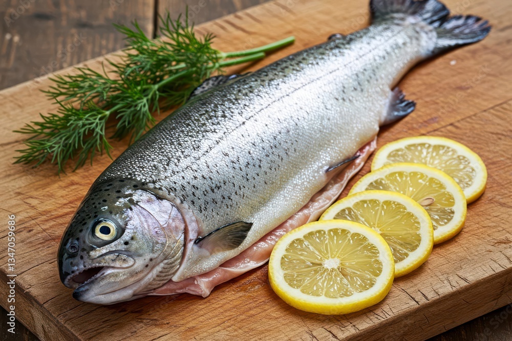 Raw salmon on cutting board with lemon slices. Fresh fish preparation, ideal for seafood and cooking themes.
Raw salmon on cutting board with lemon slices. Fresh fish preparation, ideal for seafood and cooking themes.
