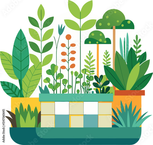 Illustration of Lush Garden Plants in Planters, A vibrant and colorful illustration of various plants and flowers growing in different planters, symbolizing gardening and nature.
