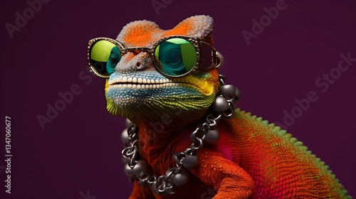 Chameleon in Sunglasses and Gold Chain on Vibrant Backdrop photo