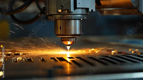 Laser cutting machine working on metal with sparks flying in a bright workshop during the day