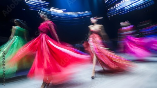 Blurred Motion of Stylish Models Walking Under Bright Lights at Runway Fashion Show