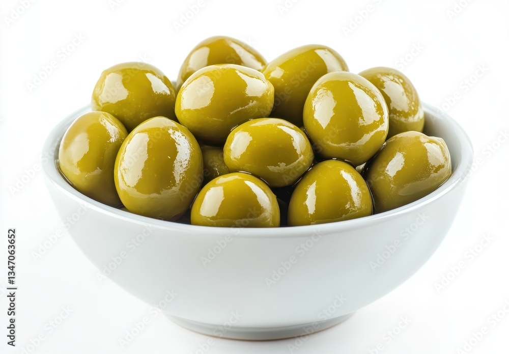 Green olives in a white bowl on a smooth surface, showcasing their vibrant color and glossy texture, perfect for culinary or dietary themes Green olives in a white bowl on a smooth surface, showcasing their vibrant color and glossy texture, perfect for culinary or dietary themes
