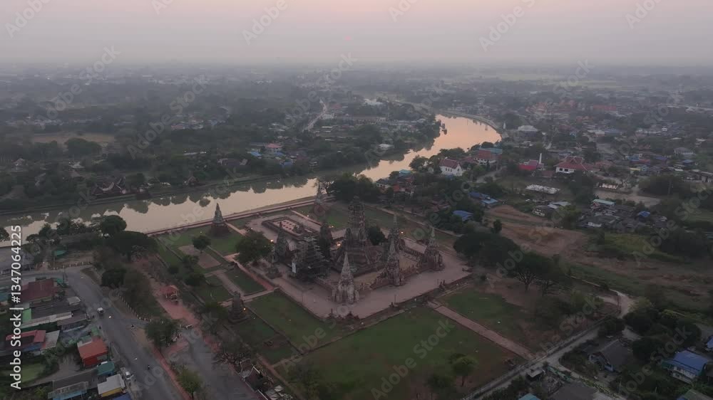 Drone perspective of historic temple ruins, Ayutthaya sunrise. Aerial drone video Drone perspective of historic temple ruins, Ayutthaya sunrise. Aerial drone video