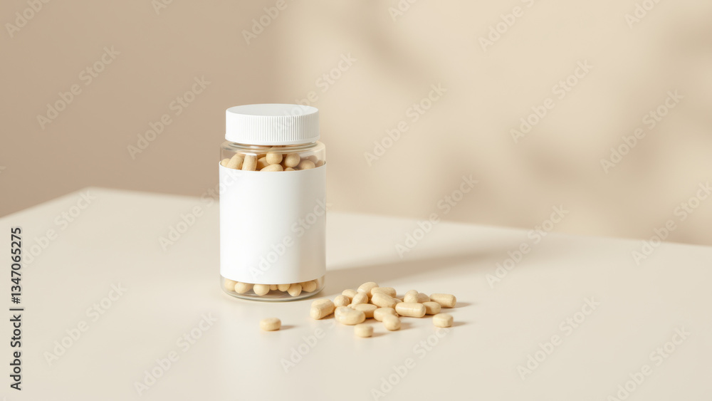 An open bottle of Magnesium Glycinate capsules on a table with several spilled capsules around it. An open bottle of Magnesium Glycinate capsules on a table with several spilled capsules around it.