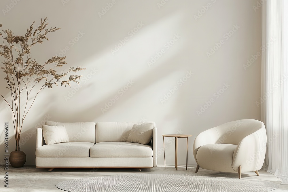 Serene Minimalist Living Space Soft Neutral Tones, Modern Scandinavian Furniture, and Gentle Natural Light Enhancing a Cozy, Elegant Atmosphere Serene Minimalist Living Space Soft Neutral Tones, Modern Scandinavian Furniture, and Gentle Natural Light Enhancing a Cozy, Elegant Atmosphere