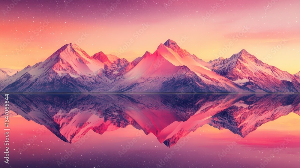 Pink Sunset Mountain Reflection with Scenic Landscape. Pink Sunset Mountain Reflection with Scenic Landscape.