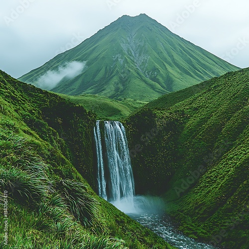 Waterfall cascading down green volcanic slopes