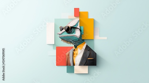 Stylish chameleon portrait in a geometric collage