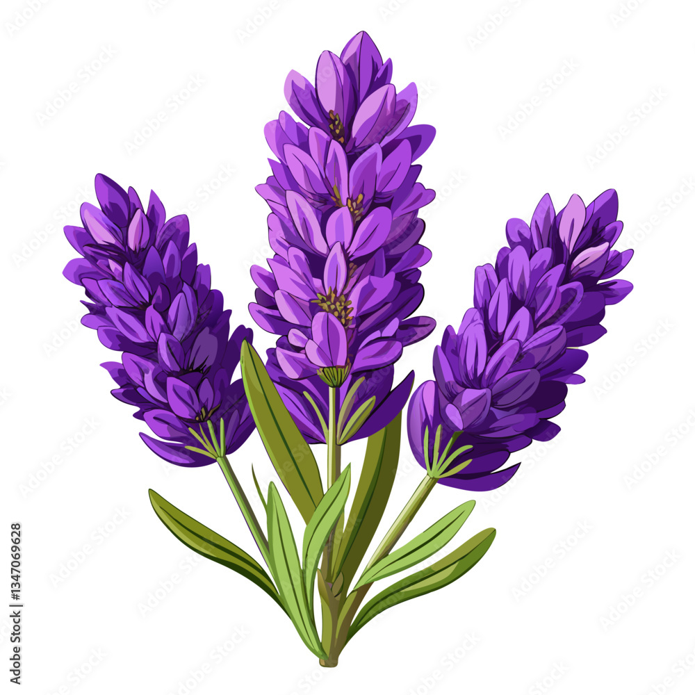 Fototapeta premium Vibrant purple lupine flowers with lush green foliage standing out boldly against a stark white background for a striking contrast