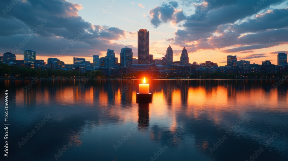 Naklejka premium A Single Candle Illuminates Calm Waters Mirro Boston's Skyline at Sunset in Stunningly Photorealistic 2-Giixel High Fidelity Detail