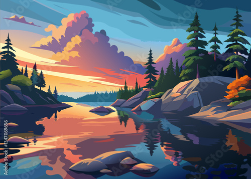 Dawn at a mountain lake with colorful clouds reflecting in the water.