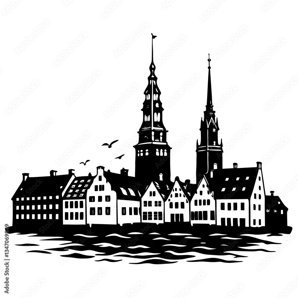Obraz premium A picturesque waterfront village with quaint houses and two prominent church towers set against a backdrop of calm waters.