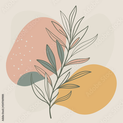 Elegant botanical design with leaves and abstract shapes in soft pastel colors.