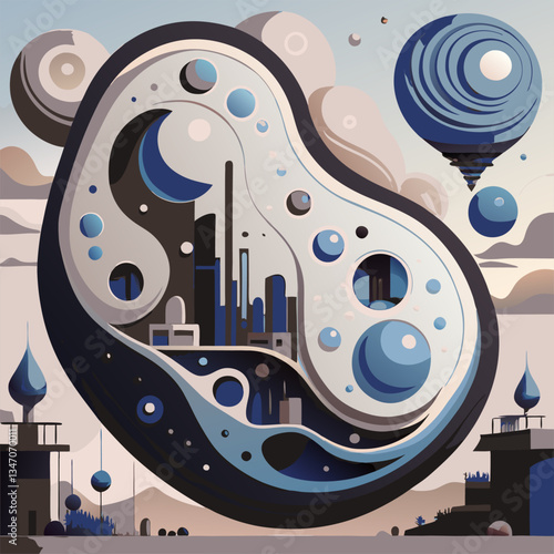 Surreal urban scene with a yin-yang symbol and bubbles in a dreamlike city.