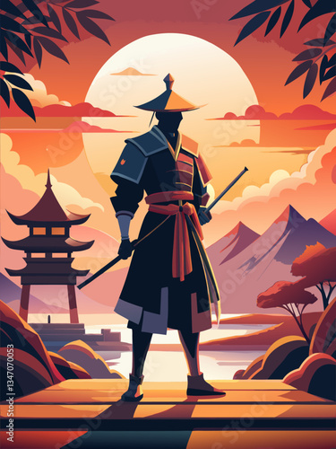 Samurai in Full Armor with Sword Against a Sunset Backdrop.