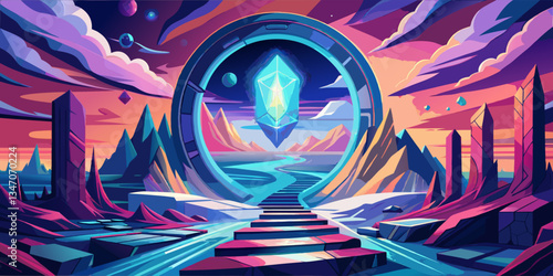 Futuristic Landscape with Crystal Portal and Stairway to Another Dimension.