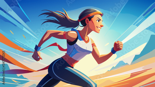 Female athlete running with determination and focus in a dynamic setting.