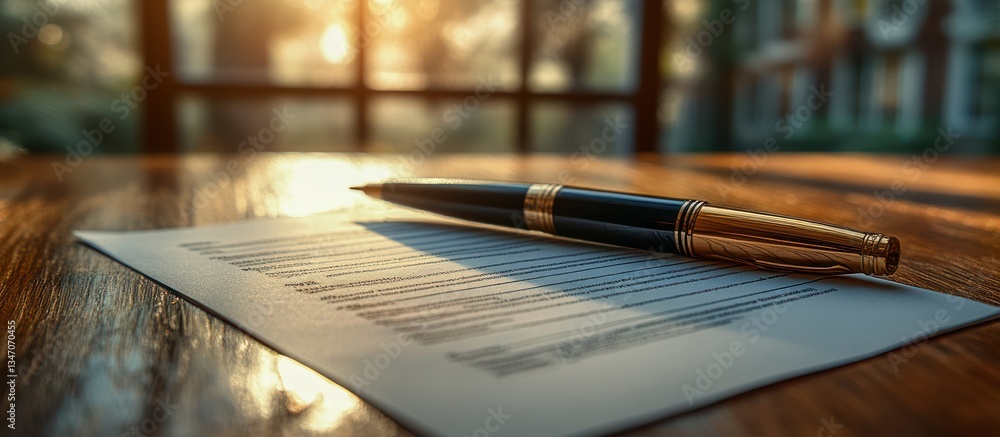 Fototapeta premium Elegant pen rests on contract document on wooden table, near window.