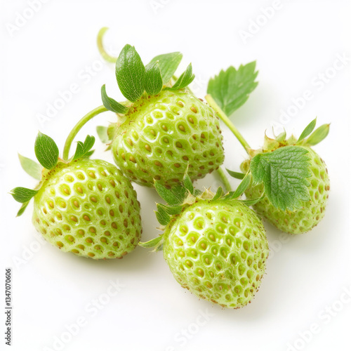 Organic unripe strawberries in vibrant green color before ripening