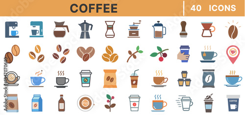 Coffee Color Icons Set – Espresso, Latte, Cappuccino, Coffee Beans, Grinder, Brewing, Cafe, Barista, Hot Drink, To-Go Cup, French Press, Minimalist, Vector Illustration
