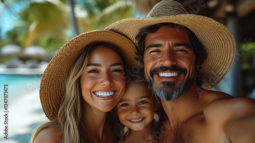 Joyful Family Vacation Moment – Mother, Father, and Little Girl Posing for Beach Selfie in Summer Hats