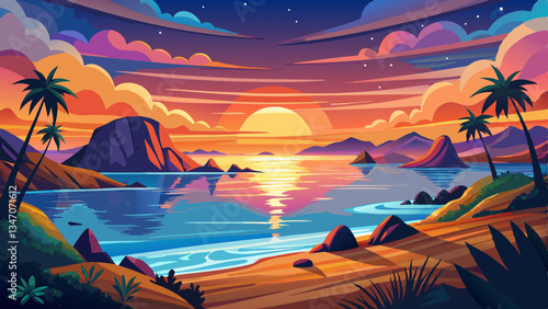 amazing panorama of sunrise or sunset above the seashore and horizon