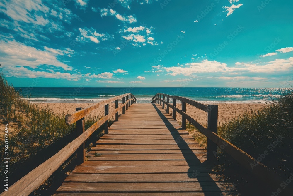 Naklejka premium Sunny boardwalk leading to a serene beach with calm waves under a bright blue sky