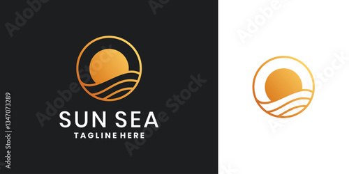 Gold color sun and sea wave logo line art design