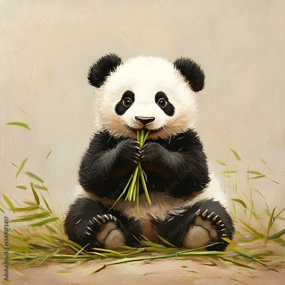 Adorable Baby Panda Playing with Bamboo Shoots in Natural Habitat Adorable Baby Panda Playing with Bamboo Shoots in Natural Habitat