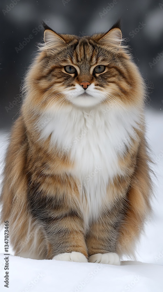 Majestic Norwegian Forest Cat in Winter Snow. Majestic Norwegian Forest Cat in Winter Snow.